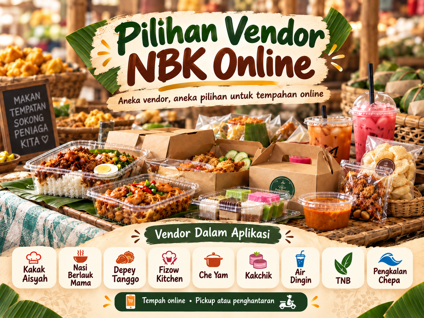 Bungkusan nasi berlauk dalam daun pisang dan kertas coklat di gerai pagi
